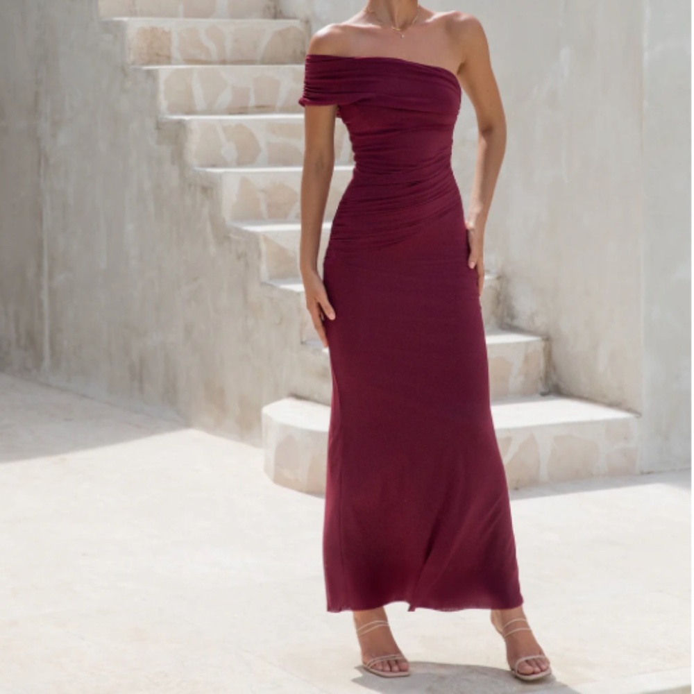 Fortunate One - Maroon Dahlia One Shoulder Mesh Maxi Dress